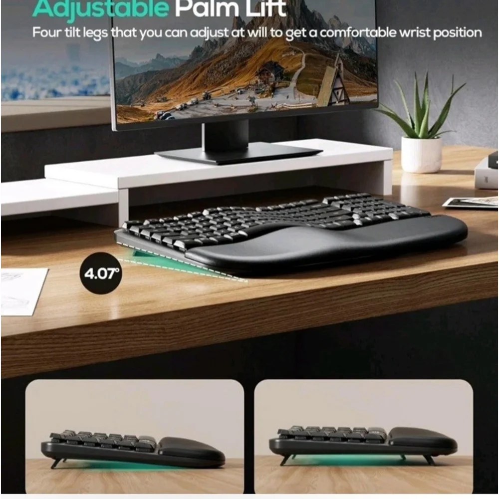 Nulea RT08 Wave Keys Wireless Ergonomic Keyboard with Cushioned Palm Rest NEW